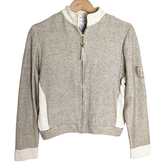 St John Sport Marie Gray Gold Beige Zip Santana Knit Metallic Sweater Petite XS - Picture 1 of 12